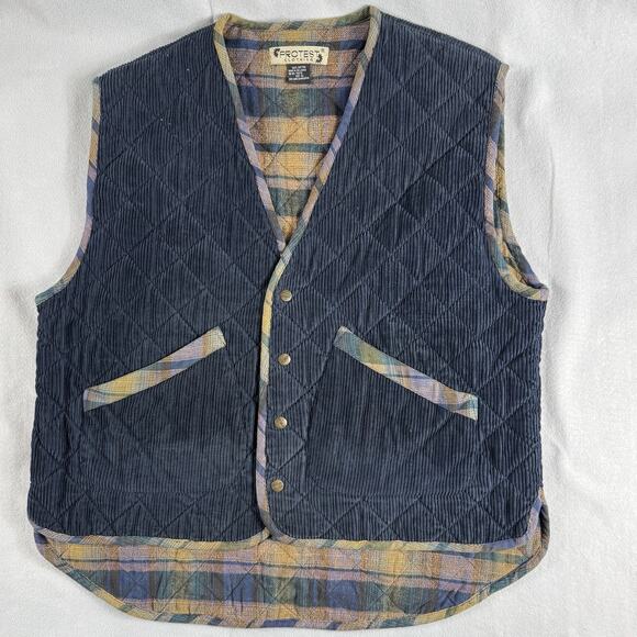 Protest Clothing Corduroy Quilted Vest Blue Plaid Flannel Lined 100% Cotton XL - Picture 1 of 14